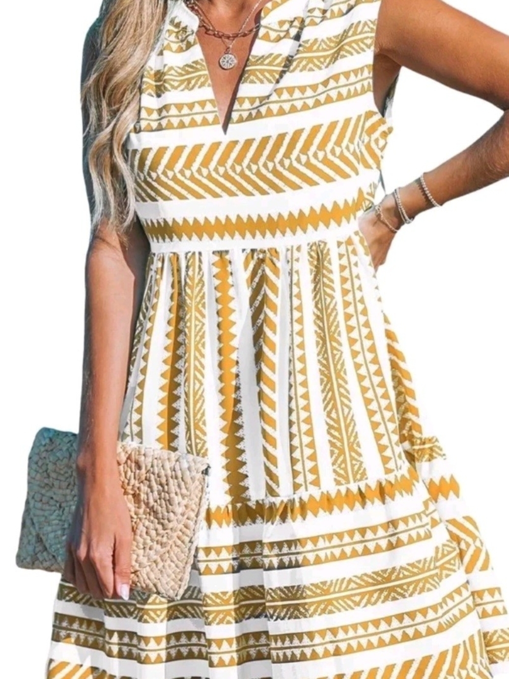 Cupshe White & Mustard Sleeveless V-Neck Printed Midi Dress